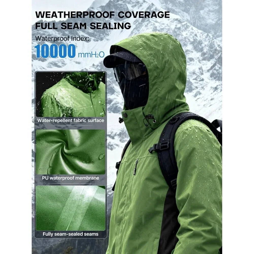 Men's Grass Green Waterproof Ski Snow Fleece Lined Warm Winter Rain Jacket